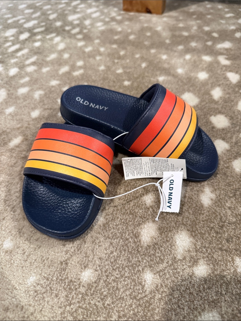 New Old Navy Kids Navy Slides with Orange and Yellow Striped Strap. Size 10-11